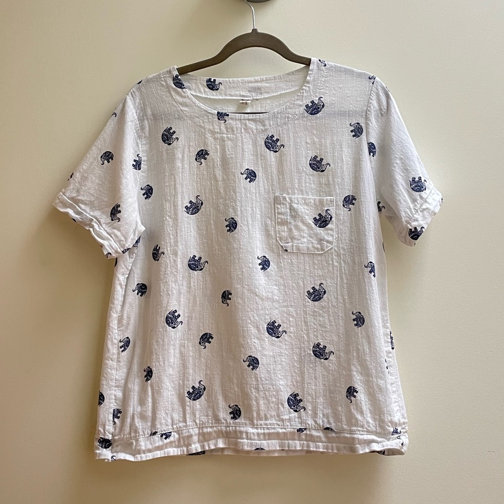 White Linen Blue Elephant Top
